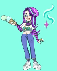 Size: 1080x1350 | Tagged: safe, artist:theapplequeenmaniac2, imported from derpibooru, starlight glimmer, human, beanie, blue background, clothes, eyelashes, female, food, hat, humanized, ice cream, ice cream cone, jewelry, licking, licking lips, nail polish, necklace, pants, shoes, signature, simple background, socks, solo, tongue out