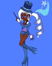 Size: 1080x1350 | Tagged: safe, artist:theapplequeenmaniac2, imported from derpibooru, trixie, human, blue background, clothes, dark skin, ear piercing, eyelashes, female, fingerless gloves, gloves, hairclip, hat, high heels, humanized, magic wand, makeup, nail polish, piercing, shoes, shorts, signature, simple background, socks, solo, top hat