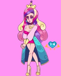 Size: 1080x1350 | Tagged: safe, artist:theapplequeenmaniac2, imported from derpibooru, princess cadance, human, breasts, cleavage, clothes, crown, dress, ear piercing, eyelashes, female, high heels, humanized, jewelry, nail polish, necklace, piercing, pink background, regalia, shoes, signature, simple background, solo, wristband