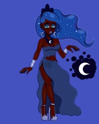 Size: 1080x1350 | Tagged: safe, artist:theapplequeenmaniac2, imported from derpibooru, princess luna, human, blue background, blue eyes, blue eyeshadow, blue hair, blue lipstick, clothes, crown, dark skin, dress, ear piercing, ethereal mane, eyelashes, eyeshadow, female, high heels, humanized, jewelry, lipstick, makeup, nail polish, necklace, piercing, regalia, shoes, signature, simple background, solo, starry mane, wristband