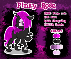 Size: 1024x853 | Tagged: safe, artist:amgiwolf, imported from derpibooru, oc, oc only, changeling, changeling queen, pony, bedroom eyes, changeling queen oc, female, grin, looking back, purple changeling, raised hoof, reference sheet, smiling, solo