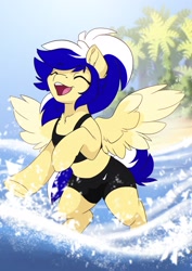 Size: 2480x3508 | Tagged: safe, artist:arctic-fox, imported from derpibooru, oc, oc only, oc:animatedpony, pegasus, pony, beach, bikini shorts, clothes, eyes closed, female, mare, midriff, palm tree, solo, splashing, sports swimsuit, swimsuit, tankini, tree, water, wings