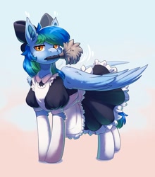 Size: 2434x2768 | Tagged: safe, artist:peachmayflower, imported from derpibooru, oc, oc only, oc:seafoam wake, pegasus, pony, vampire, vampony, clothes, cute, cute little fangs, duster, fangs, female, looking at you, maid, slit eyes, slit pupils, solo
