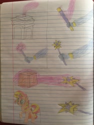 Size: 2448x3264 | Tagged: safe, artist:dupontsimon, imported from derpibooru, sunset shimmer, trixie, fanfic:magic show of friendship, equestria girls, cardboard box, cardboard cutout, fanfic art, lined paper, magic wand, traditional art