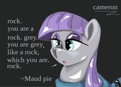 Size: 835x604 | Tagged: safe, artist:@cameron, derpibooru exclusive, edit, imported from derpibooru, maud pie, earth pony, pony, maud pie (episode), bust, cross-eyed, digital art, female, looking at something, mare, quote, rock, simple background, solo, talking