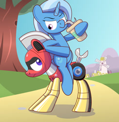 Size: 1280x1314 | Tagged: safe, artist:trackheadtherobopony, imported from derpibooru, trixie, oc, oc:trackhead, pony, robot, robot pony, unicorn, drink, drinking, park, sitting on, sitting on person, sitting on pony