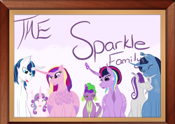 Size: 1754x1240 | Tagged: safe, artist:ambertuisthemad, imported from derpibooru, night light, princess cadance, princess flurry heart, shining armor, spike, twilight sparkle, twilight velvet, family photo, female, male, nightvelvet, shiningcadance, shipping, straight