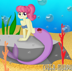 Size: 2328x2288 | Tagged: safe, artist:cyber-murph, imported from derpibooru, diwata aino, mermaid, series:cyber-murph's mermaids, equestria girls, equestria girls series, friendship games, background human, belly, bra, bubble, clothes, coral, crystal prep shadowbolts, leaning, mascara, mermaidized, midriff, ponytail, rock, seashell bra, seaweed, signature, solo, species swap, underwater, underwear