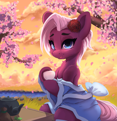 Size: 1981x2046 | Tagged: safe, artist:hitbass, imported from derpibooru, jasmine leaf, earth pony, pony, semi-anthro, cherry blossoms, clothes, cup, female, flower, flower blossom, flower in hair, food, human shoulders, lidded eyes, looking at you, mare, sitting, smiling, smiling at you, solo, tea