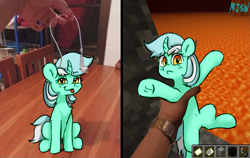 Size: 1963x1243 | Tagged: safe, artist:mjsw, imported from derpibooru, lyra heartstrings, human, pony, unicorn, belly button, earbuds, female, holding a pony, irl, l.u.l.s., lava, mare, meme, minecraft, mlem, photo, punishment, redraw, silly, smug, solo, tongue out