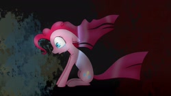 Size: 1920x1080 | Tagged: safe, artist:emalajiss36, imported from derpibooru, pinkie pie, earth pony, pony, abstract background, crying, eyelashes, female, mare, sad, shocked, sitting, solo, wide eyes