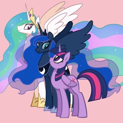 Size: 2048x2048 | Tagged: safe, artist:pfeffaroo, imported from derpibooru, part of a set, princess celestia, princess luna, twilight sparkle, alicorn, pony, female, flowing mane, folded wings, height difference, high res, hoof shoes, jewelry, line-up, looking at each other, looking at someone, looking down, looking up, mare, peytral, pink background, profile, regalia, simple background, size difference, smiling, spread wings, standing, trio, twilight sparkle (alicorn), wings