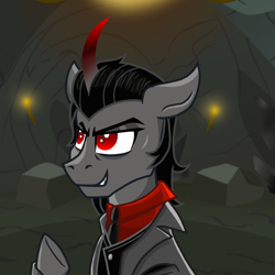 Size: 800x800 | Tagged: safe, artist:katya, imported from derpibooru, king sombra, pony, unicorn, clothes, grin, horn, jacket, male, necktie, ponified, shirt, smiling, solo, stallion, suit, underhoof