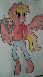 Size: 747x1328 | Tagged: safe, artist:juliet-gwolf18, imported from derpibooru, oc, oc only, anthro, pegasus, unguligrade anthro, amputee, clothes, devil horn (gesture), grin, male, pants, pegasus oc, prosthetic limb, prosthetics, smiling, solo, traditional art, wings