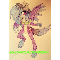 Size: 1459x1459 | Tagged: safe, artist:juliet-gwolf18, imported from derpibooru, oc, oc only, anthro, digitigrade anthro, wolf, wolf pony, clothes, ear fluff, eyelashes, featureless crotch, solo, traditional art, wings