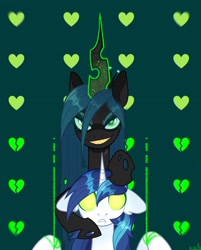 Size: 1634x2035 | Tagged: safe, artist:n in a, imported from derpibooru, queen chrysalis, shining armor, changeling, changeling queen, pony, unicorn, blank eyes, duo, female, floppy ears, glowing horn, grin, horn, male, mind control, sharp teeth, smiling, stallion, teeth