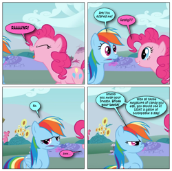 Size: 868x864 | Tagged: safe, artist:dziadek1990, edit, edited screencap, imported from derpibooru, screencap, pinkie pie, rainbow dash, earth pony, pegasus, pony, fanfic:mutans streptococcus pie, bad breath, comic, conversation, dental hygiene, dialogue, eyes closed, insult, not amused face, open mouth, prank, rainbow dash is not amused, roar, scaring, screencap comic, slice of life, text, unamused