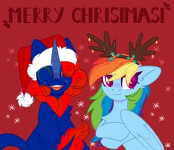Size: 2048x1772 | Tagged: safe, artist:n in a, imported from derpibooru, rainbow dash, oc, kirin, pegasus, pony, :t, animal costume, antlers, christmas, clothes, commission, costume, duo, eyes closed, female, floppy ears, hat, holiday, kirin oc, mare, merry christmas, rainbow dash is not amused, reindeer antlers, reindeer costume, reindeer dash, santa hat, smiling, unamused
