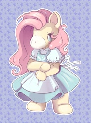 Size: 2879x3880 | Tagged: safe, artist:cutepencilcase, imported from derpibooru, part of a set, fluttershy, original species, plush pony, pony, semi-anthro, bipedal, blush sticker, blushing, clothes, doll, dress, female, g1, g4, g4 to g1, g4 to takara, generation leap, high res, outline, plushie, solo, standing, takara pony, three quarter view, toy, white outline