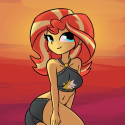 Size: 3000x3000 | Tagged: safe, artist:tjpones, imported from derpibooru, sunset shimmer, equestria girls, beach shorts swimsuit, belly button, bikini, boobs and butt pose, breasts, busty sunset shimmer, clothes, female, solo, sunset, sunset shimmer's beach shorts swimsuit, swimsuit