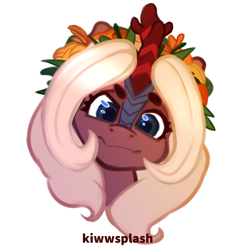 Size: 3000x3000 | Tagged: safe, artist:kiwwsplash, imported from derpibooru, oc, oc only, kirin, bust, eyelashes, floral head wreath, flower, kirin oc, simple background, smiling, solo, white background