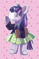 Size: 2666x4096 | Tagged: safe, artist:cutepencilcase, imported from derpibooru, twilight sparkle, semi-anthro, unicorn, :<, bipedal, book, clothes, doll, female, g1, g4, g4 to g1, g4 to takara, generation leap, high res, holding, jacket, necktie, outline, plushie, school uniform, skirt, solo, standing, takara pony, toy, white outline