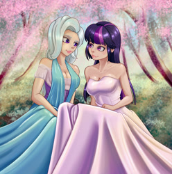 Size: 1869x1884 | Tagged: safe, artist:scs-g3-n17, imported from derpibooru, trixie, twilight sparkle, human, bare shoulders, breasts, bride, bush, busty trixie, busty twilight sparkle, cleavage, clothes, dress, female, humanized, lesbian, requested art, shipping, sleeveless, strapless, tree, twixie, wedding dress