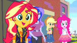 Size: 1280x720 | Tagged: safe, edit, edited screencap, imported from derpibooru, screencap, applejack, pinkie pie, princess luna, rainbow dash, sunset shimmer, equestria girls, equestria girls series, forgotten friendship, animated, caption, clothes, cutie mark, cutie mark on clothes, geode of empathy, geode of sugar bombs, geode of super speed, geode of super strength, gif, gif with captions, image macro, magical geodes, no student parking in the faculty lot, stifling laughter, text, vice principal luna