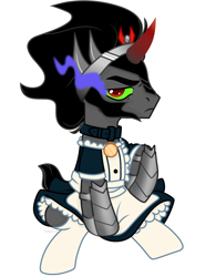Size: 2500x3200 | Tagged: safe, artist:voronka, imported from derpibooru, king sombra, pony, unicorn, apron, armor, clothes, collar, commission, crossdressing, dress, hoof shoes, king sombra is not amused, maid, male, pet tag, raised hoof, simple background, sitting, skirt, socks, solo, sombra eyes, stallion, stockings, thigh highs, unamused, white background, ych result