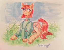 Size: 1600x1261 | Tagged: safe, artist:malarunych, imported from derpibooru, oc, oc only, pony, unicorn, clothes, cutie mark, grass, horn, solo, traditional art, unicorn oc