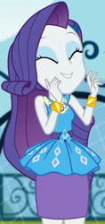 Size: 968x2045 | Tagged: safe, imported from derpibooru, screencap, rarity, equestria girls, equestria girls series, sock it to me, spoiler:eqg series (season 2), canterlot high, clothes, cropped, cute, diamond, dress, eyes closed, female, geode of shielding, gold, jewelry, legs, magical geodes, makeup, necklace, outdoors, pencil skirt, raribetes, rarity peplum dress, skirt, sleeveless, smiling, soccer field, sock it to me: rarity, waistband, wrist cuffs
