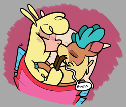 Size: 2420x2052 | Tagged: safe, artist:shelbysmol, imported from derpibooru, paprika paca, velvet reindeer, alpaca, deer, reindeer, them's fightin' herds, blushing, cloven hooves, community related, doe, duo, eyes closed, female, holding head, kiss on the lips, kissing, lesbian, paprika (tfh), pillow, shipping, velverika, velvet (tfh)