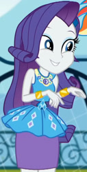 Size: 1041x2045 | Tagged: safe, imported from derpibooru, screencap, rarity, equestria girls, equestria girls series, sock it to me, spoiler:eqg series (season 2), canterlot high, clothes, cropped, cute, diamond, dress, female, geode of shielding, gold, jewelry, legs, magical geodes, makeup, necklace, outdoors, pencil skirt, raribetes, rarity peplum dress, skirt, sleeveless, smiling, soccer field, sock it to me: rarity, waistband, wrist cuffs