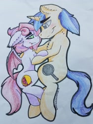 Size: 3024x4032 | Tagged: safe, artist:anxioussartist, imported from derpibooru, oc, oc only, oc:jade jump, oc:lunar spice, bat pony, unicorn, bat pony oc, bat wings, bite mark, commission, jadespice, looking at each other, shipping, size difference, traditional art, wings