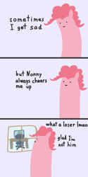 Size: 1024x2048 | Tagged: safe, artist:2merr, ponerpics exclusive, pinkie pie, oc, oc:anon, human, 3 panel comic, :), blue background, chair, computer, desk, dot eyes, drawn on phone, duo, facing away, female, lmao, male, mocking, simple background, smiley face, smiling, window