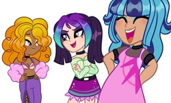 Size: 1080x648 | Tagged: dead source, safe, artist:frisk.mlp, imported from derpibooru, adagio dazzle, aria blaze, sonata dusk, human, equestria girls, :d, black, choker, clothes, crossed arms, dark skin, eyes closed, female, humanized, light skin, makeup, moderate dark skin, open mouth, redesign, simple background, smiling, the dazzlings, white background