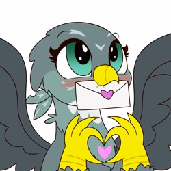 Size: 4000x4000 | Tagged: safe, artist:mrneo, imported from derpibooru, gabby, griffon, absurd resolution, blushing, bust, cute, female, gabbybetes, heart, heart hands, letter, mouth hold, mrneo is trying to murder us, simple background, solo, spread wings, weapons-grade cute, white background, wings