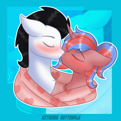 Size: 1500x1500 | Tagged: safe, artist:tresmariasarts, imported from derpibooru, oc, oc only, oc:bree, oc:skysprinter, blanket, blushing, bust, cute, floppy ears, kissing, lovely, oc x oc, shipping, wholesome