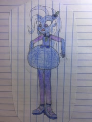 Size: 2448x3264 | Tagged: safe, artist:dupontsimon, imported from derpibooru, trixie, fanfic:magic show of friendship, equestria girls, blueberry, cornucopia costumes, fanfic art, food, inflatable dress, lined paper, traditional art