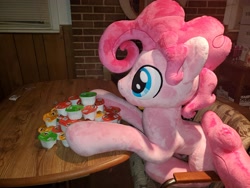 Size: 4032x3024 | Tagged: safe, artist:lanacraft, imported from derpibooru, photographer:crescent star, pinkie pie, earth pony, bubble berry, chips, food, irl, male, photo, plushie, potato chips, pringles, rule 63, sitting, table