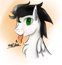 Size: 1882x1969 | Tagged: safe, artist:nanazdina, imported from derpibooru, oc, oc only, oc:skysprinter, pegasus, pony, :p, blushing, bust, chest fluff, cute, folded wings, male, no pupils, portrait, signature, smiling, solo, stallion, tongue out, wings