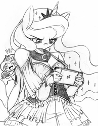 Size: 1500x1932 | Tagged: safe, artist:boastudio, imported from derpibooru, princess celestia, princess luna, alicorn, anthro, gamer luna, breasts, busty princess luna, chibi, clothes, eyes closed, food, gloves, grayscale, jewelry, monochrome, nintendo switch, open mouth, pancakes, playing, regalia, solo focus