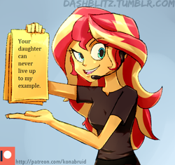 Size: 618x580 | Tagged: safe, artist:manic-the-lad, artist:thor-disciple, edit, imported from derpibooru, sunset shimmer, equestria girls, blue background, dreamworks face, female, headset, looking at you, shamwow, simple background, solo