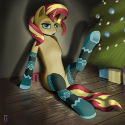 Size: 2886x2880 | Tagged: safe, artist:magentastranger, imported from derpibooru, sunset shimmer, pony, unicorn, christmas, christmas tree, clothes, commission, female, holiday, mare, missing cutie mark, open mouth, present, raised leg, sitting, socks, solo, stockings, striped socks, thigh highs, tree, underhoof, ych result