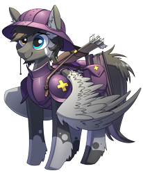 Size: 2480x3004 | Tagged: safe, artist:underpable, imported from derpibooru, oc, oc only, oc:cloudy, oc:cloudy days, pegasus, pony, armor, arrow, bag, hat, heterochromia, male, quiver, saddle bag, simple background, smiling, solo, transparent background