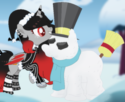 Size: 619x505 | Tagged: safe, artist:sanyyyaa_, imported from derpibooru, oc, oc only, oc:merry mischief, alicorn, bat pony, bat pony alicorn, alicorn oc, bat pony oc, bat wings, biting, broom, christmas, clothes, coat, commission, ear piercing, earring, female, grin, hat, holiday, horn, horn ring, jewelry, mare, mouth hold, piercing, raised hoof, ring, rock, santa hat, scarf, smiling, snow, snowman, snowpony, socks, striped socks, top hat, tree, wings, ych result
