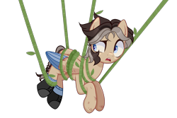 Size: 2760x1848 | Tagged: safe, artist:sanyyyaa_, imported from derpibooru, oc, oc only, oc:hidden gems, pegasus, pony, icey-verse, bondage, boots, clothes, commission, female, leaves, mare, offspring, open mouth, parent:daring do, parent:doctor caballeron, parents:daballeron, shoes, simple background, socks, solo, tied up, transparent background, vine, ych result