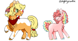 Size: 1280x683 | Tagged: safe, artist:sugarysharkie, imported from derpibooru, applejack, pinkie pie, earth pony, pony, alternate design, chest fluff, duo, eyes closed, female, mare, missing cutie mark, neckerchief, redesign, simple background, tongue out, transparent background, unshorn fetlocks