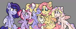 Size: 1280x490 | Tagged: safe, artist:romania-lanslide, imported from derpibooru, fluttershy, lily blossom, oc, oc:columbine, oc:mayflower soaring blossom, oc:orchid skygazer blossom, oc:violet stargazer blossom, pegasus, pony, adopted offspring, colt, family, female, filly, fluffy, flutterblossom, lesbian, magical lesbian spawn, male, mare, offspring, parent:fluttershy, parent:lily blossom, parents:flutterblossom, shipping