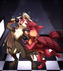 Size: 2400x2719 | Tagged: safe, artist:scarlet-spectrum, imported from derpibooru, oc, oc:dillinger, oc:fynnegan, griffon, drunk, karaoke, singing